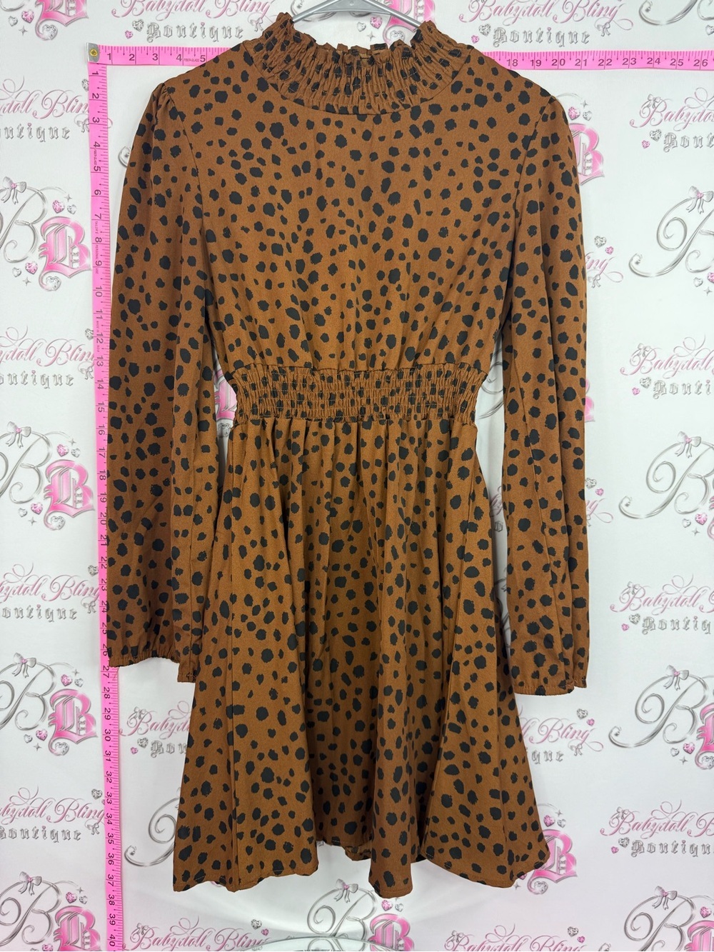 SHEIN Brown Long-Sleeve Smocked Waist Midi Dress with Black Spot Print